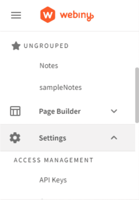 Navbar showing settings menu item
