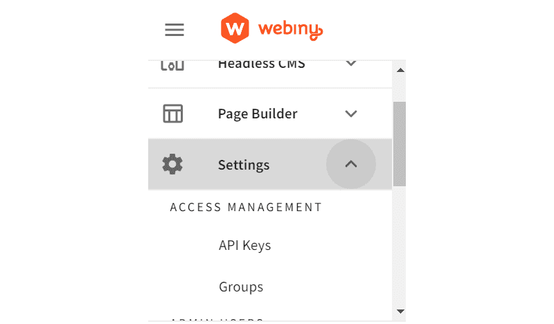 Webiny menu settings panel