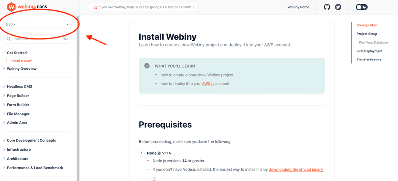 Version switcher in the docs site